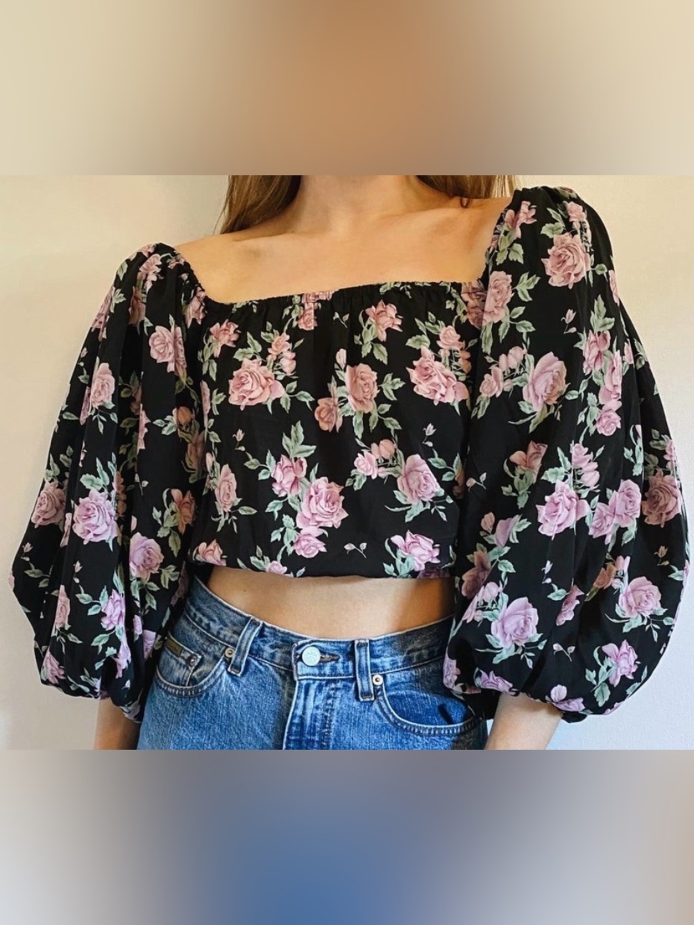 Nasty Gal Black Crop Top with Pink Rose Print